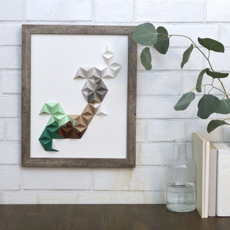 home decor gray /& white 11x14 origami wall art Turquoise paper sculpture 3D paper art tan brown modern wall art mint green