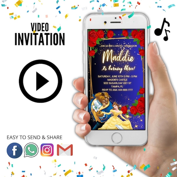 Beauty and the Beast, Beauty and the Beast Invitation, Video Invitation, Princess Invitation, Princess Birthday Video Invitation