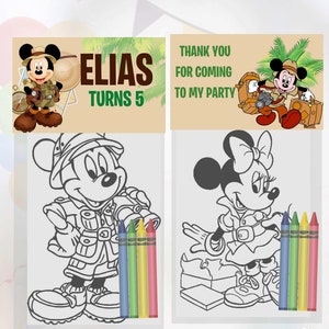 Mickey Mini Coloring Pages and Crayons, Mickey Safari Birthday Party Favors, Mickey Party Supplies, Mickey Coloring Book, Mickey Birthday