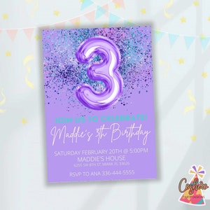 3rd Birthday Invitation, Purple Glitter Invitation, Glitter Birthday Invitation, Balloon Number Invitation, Balloon Birthday Invitation