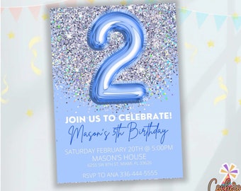 2nd Birthday Invitation, Silver Glitter Invitation, Blue Birthday Invitation, Balloon Number Invitation, Balloon Birthday Invitation