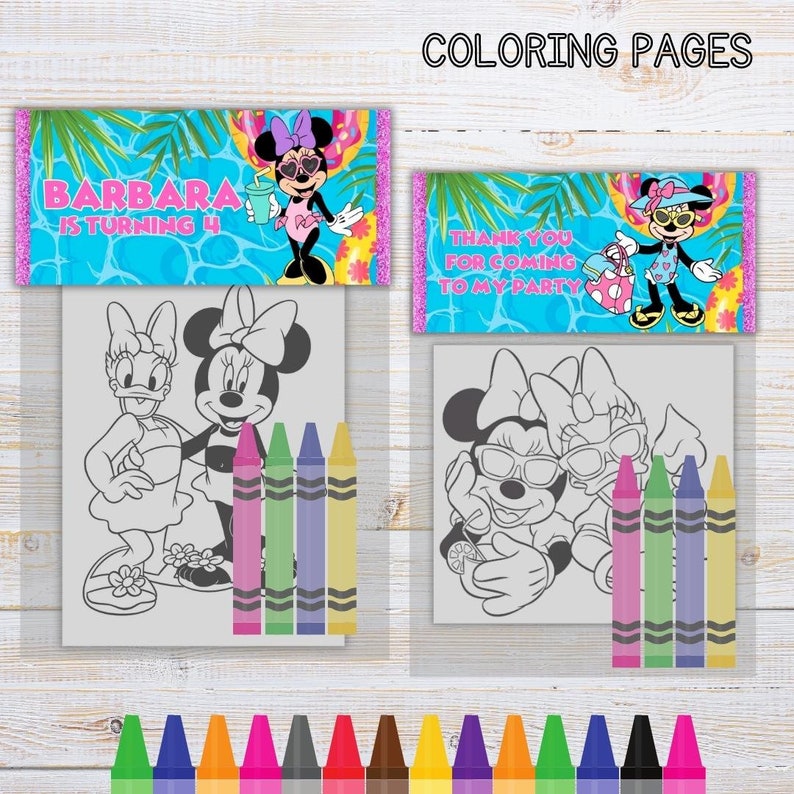 Minnie Mini Coloring Pages and Crayons, Minnie Birthday Party Favors, Minnie Party Supplies, Minnie Coloring Book, Pool Birthday Party image 1