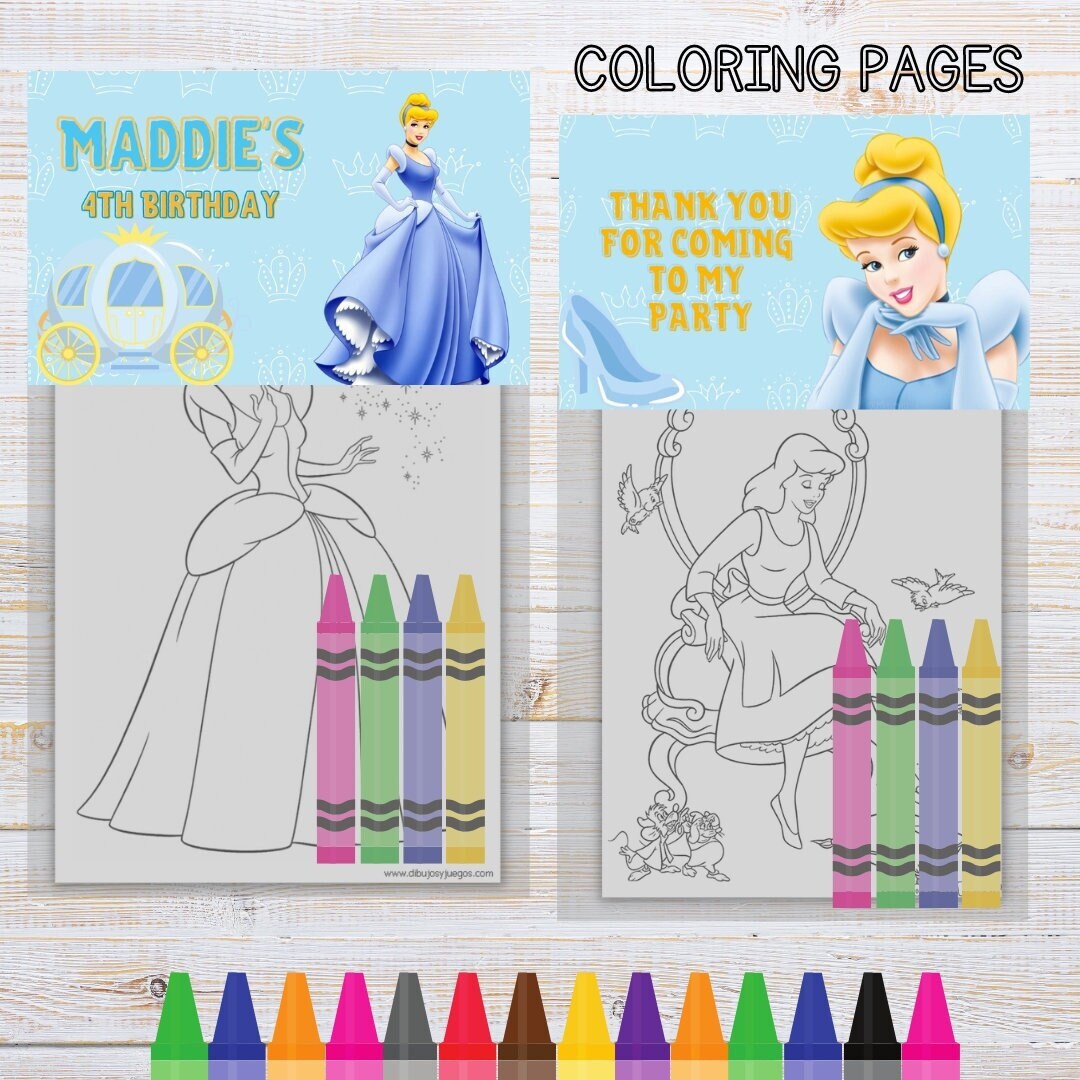 Cinderella Mini Coloring Pages and Crayons, Cinderella Birthday Party ...