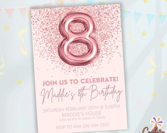 8th Birthday Invitation, Rose Gold Invitation, Silver Glitter Birthday Invitation, Balloon Number Invitation, Balloon Birthday Invitation