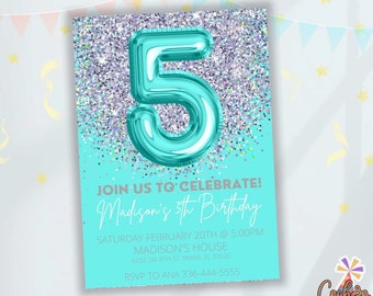 5th Birthday Invitation, Silver Glitter Invitation, Teal Birthday Invitation, Balloon Number Invitation, Balloon Birthday Invitation