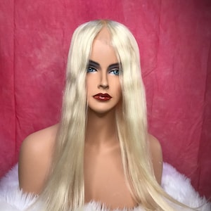 HUMAN HAIR TOPPER  clip on topper/ hair system 22 inch platinum blonde