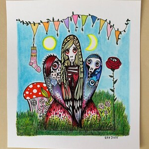 Oryginalny rysunek anioła, 7 1/2"x6 3/4", Dzień Zmarłych czaszka skrzydła słońce księżyc szkielet ilustracja, złamane serce, jedyny w swoim rodzaju, Ray Dust