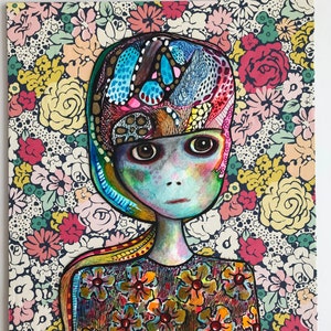 Original mixed media portrait Art, 8&quot;x10&quot;, Bold colorful eclectic boho painting and drawing with collage, Floral wall art figure,  Ray Dust
