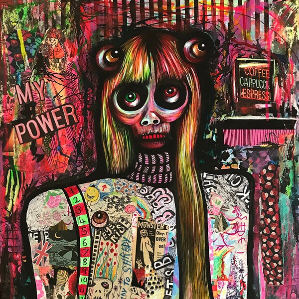 Original, Skull, Art, 16"x20", Obey, Monster, Graffiti, Style, Mixed media, Skeleton Girl, Female, Bones, Portrait, Wall Art, Power, Freaky