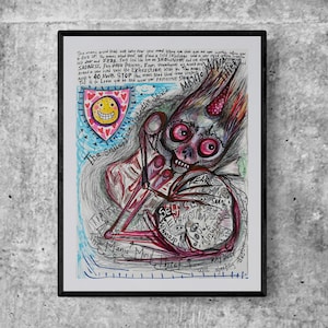 Original freaky skull creature monster word art drawing, 9&quot;x12&quot;, Self sabotage manic overthinking mind, Emotional wall art decor, Ray Dust