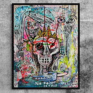 Original graffiti style abstract portrait painting size 14&quot;x18&quot;, Skull with crown Basquiat inspired modern urban grunge wall art, Ray Dust
