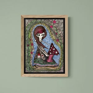 Oryginalny szkieletowy grzyb złodziej rysunek artystyczny rozmiar 5"x7", Dzień Zmarłych ilustracja ścienna dekoracja, Ogrodowe krajobrazy i liście, Ray Dust