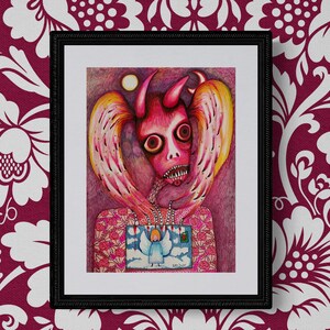 Original cute red devil girl who receives a postcard from an angel, 8 1/4"x11", Unique portrait art of devil and angel friends, Ray Dust