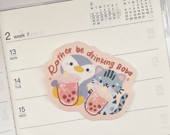 Rather Be Drinking Boba Penguin Cat Die Cut Sticker // Waterproof Vinyl Stickers for Water Bottles Planners Gifts for friend