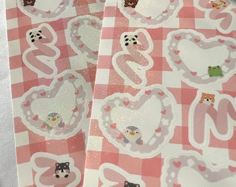 Pink Heart Frames Shimmer Sticker Sheet || Paperkumaco Bear Frog Panda Cat Kawaii Animals Planner Die Cut Stickers