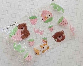 Kawaii Animals Pastel Strawberry Cute Holographic Sticker Sheet