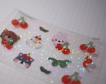 Kawaii Animals Pastel Cherry Cute Holographic Sticker Sheet