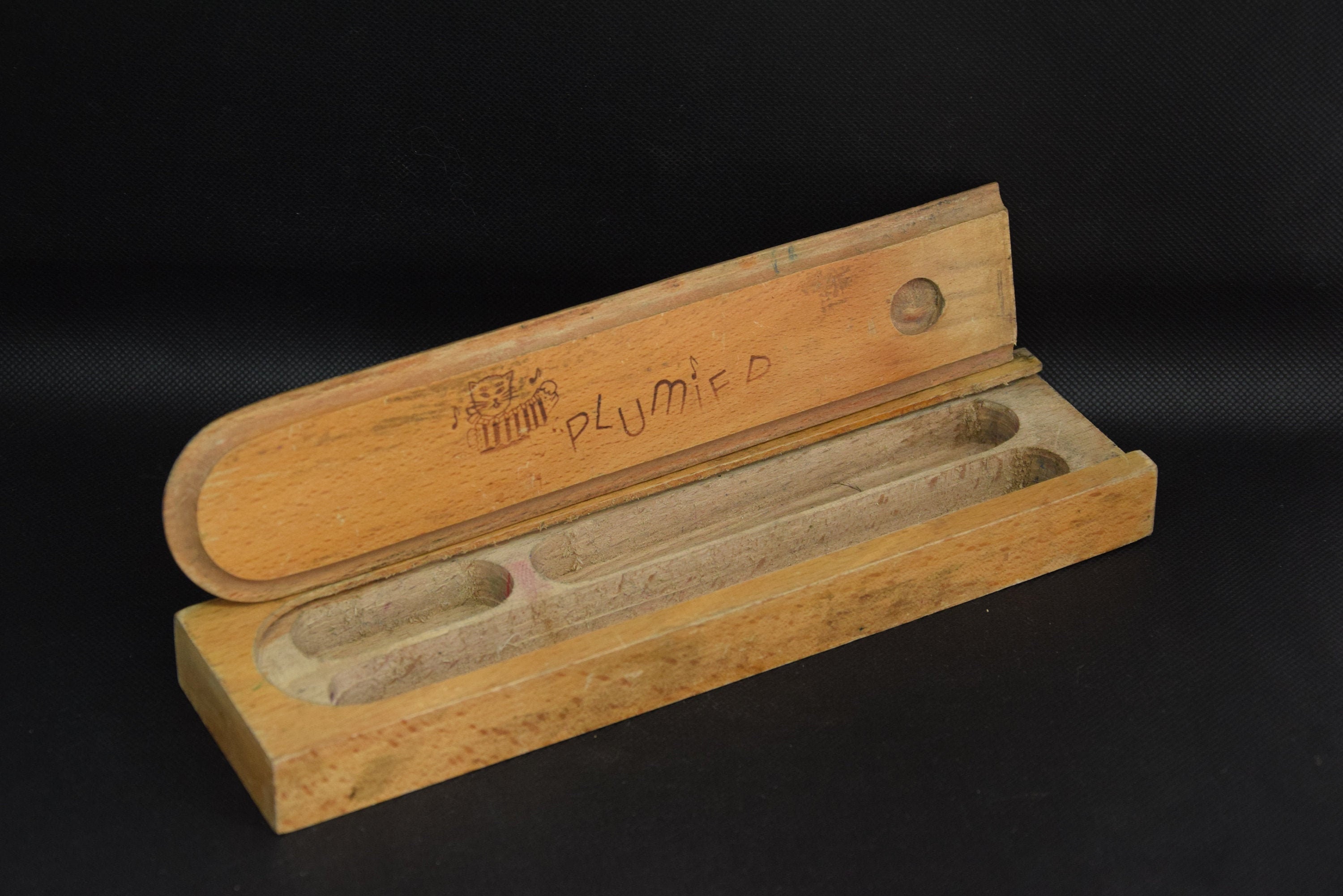 Plumier d'écolier Vintage en Bois/Boite à Crayons Décor de Chat Français