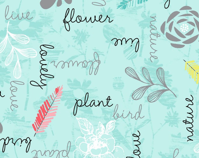 Nature Birds 11656-AQU Aqua Flower Words by 3 Wishes Fabric