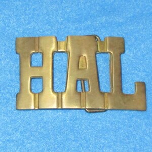 Vintage 1980&#39;s HAL SOLID BRASS Name Belt Buckle Country Hipster Cool Harold