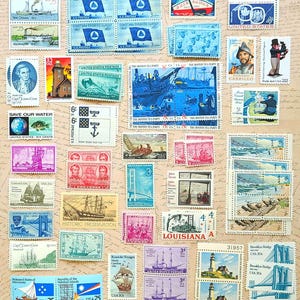 80 pc UNused BOAT, SHIP, NAUTICAL Themes Vintage U.S. Postage Stamp Lot. Lighthouse, Bridge, Sea, Misc. Good Condition. 6.00 fv.