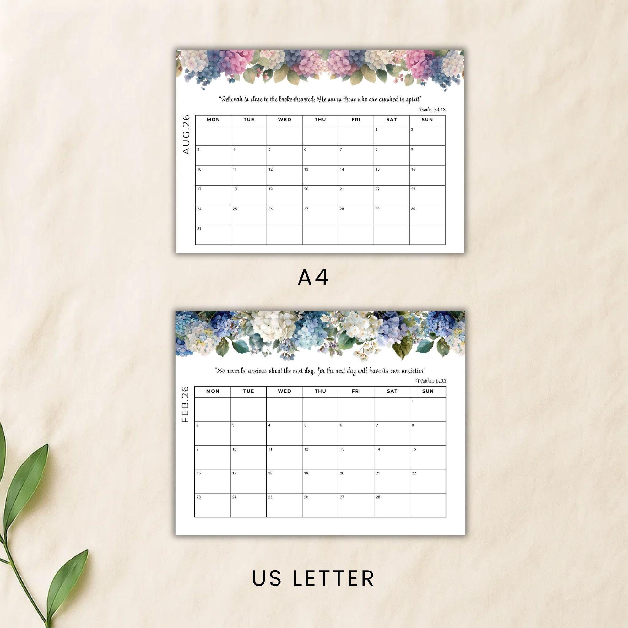 2026 Bible Verse Monthly Floral Calendar Printable, JW Scripture Floral ...