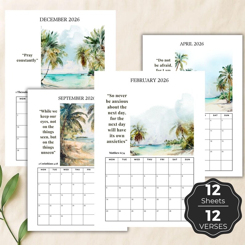2026 Bible Verse Monthly Calendar Printable, JW Scripture Tropical ...