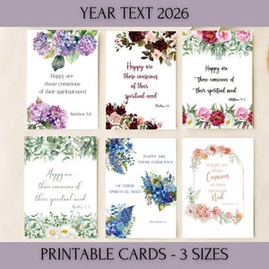 JW年テキスト 2026 印刷可能なカード – マタイによる福音書 5:3、花柄、3サイズ