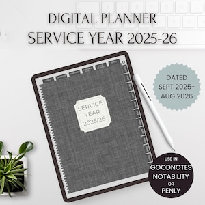 May include: A digital planner for the service year 2025-26, dated September 2025 to August 2026. The planner is gray with a white border and includes a stylus. The text on the planner reads "Service Year 2025/26".