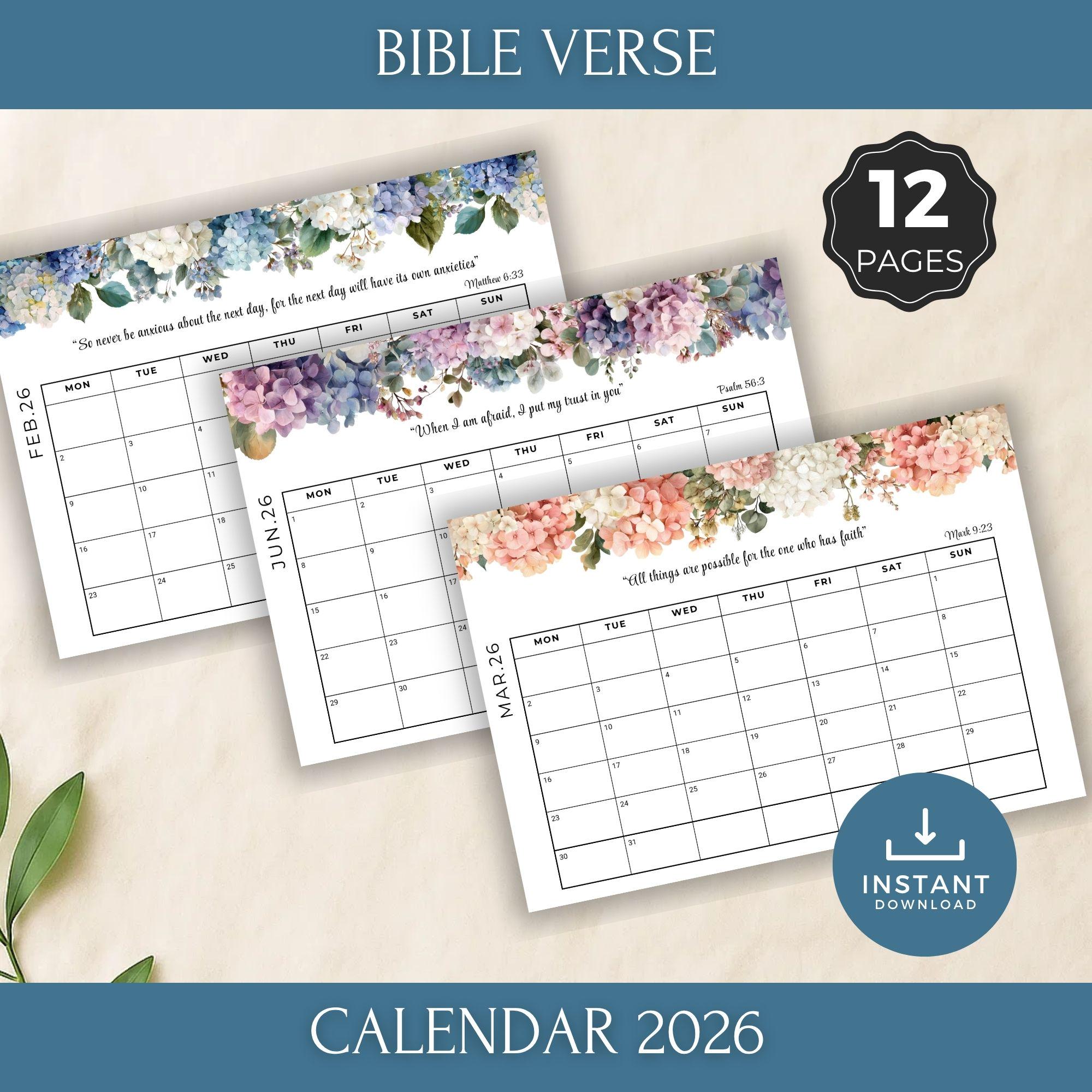 a**a 14枚 2026 Bible Verse Monthly Floral Calendar Printable, JW Scripture