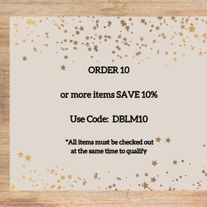 a white paper with gold stars on it that says order 10 or more items save