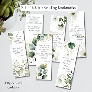 May include: Set of six white bookmarks with green and gold floral designs. Each bookmark features a different Bible verse, including "Say to those who are anxious at heart: 'Be strong. Do not be afraid.' Isaiah 35:4", "Look! God is my salvation. I will trust and feel no dread, for Jah Jehovah is my strength and my might. Isaiah", "Those hoping in Jehovah will regain power. They will soar on wings like eagles. Isaiah 40:31", "Do not be afraid, for I am with you. Do not be anxious, for I am your God. Isaiah 41:10", "For I, Jehovah your God, am grasping your right hand. Isaiah 41:13", and "When I am afraid, I put my trust in you. Psalm 56:3".