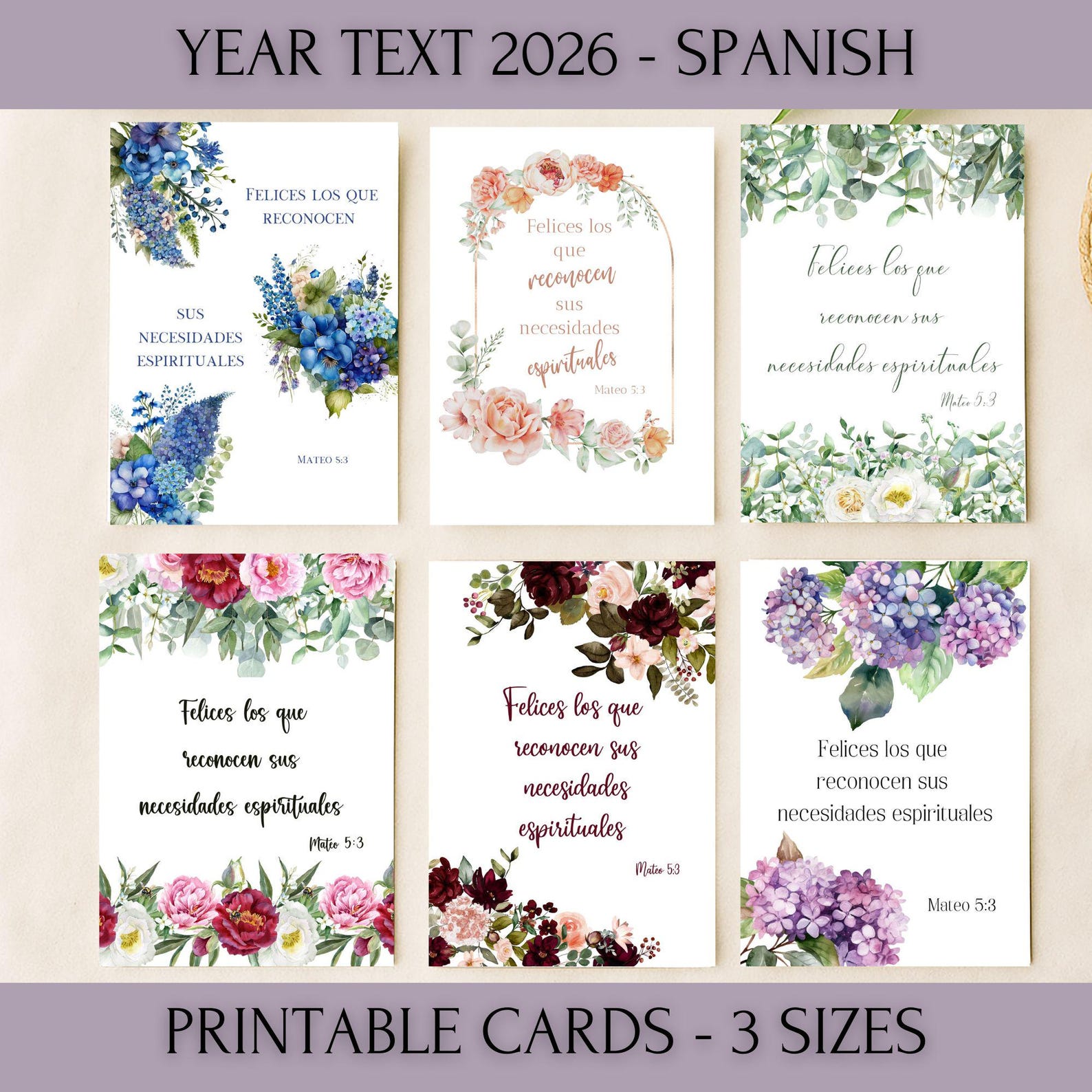 Spanish JW Year Text 2026 Printable Cards – Matthew 5:3, Floral Design ...