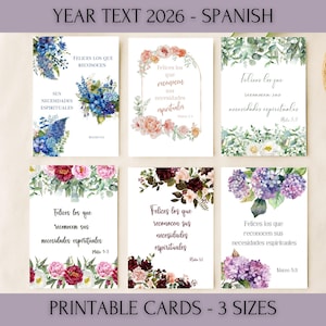 May include: Set of six printable cards with floral designs and Spanish text. Each card features a different arrangement of flowers in shades of blue, pink, purple, and burgundy. The cards have the text "Felices los que reconocen sus necesidades espirituales".