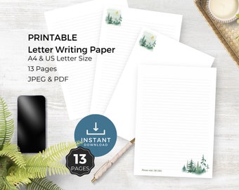 Letter Writing Forest Trees Printable Download, Ministry Supplies for JW,  Mountain Printable Stationery, US Letter A4 size Lined and Plain
