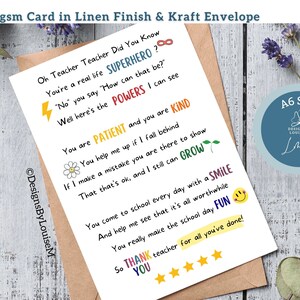 Carte de professeur de super-héros, carte d'appréciation de professeur de fin d'année, merci meilleur professeur de tous les temps, poème pour professeur, carte pour professeur