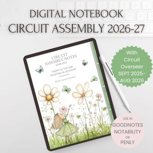 May include: A digital notebook for Circuit Assembly 2026-27 featuring a white cover with a watercolor illustration of a person in a green dress among flowers and butterflies. Text includes "Happy is the one trusting in Jehovah" and "With Circuit Overseer".