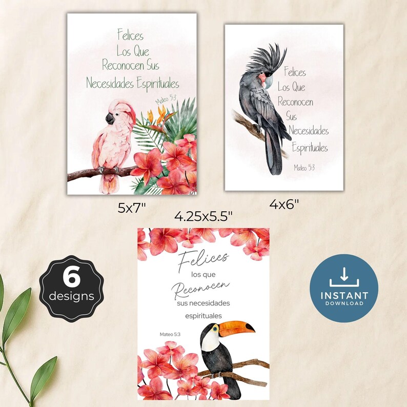 Spanish JW Year Text 2026 Printable Cards – Matthew 5:3, Tropical Bird ...