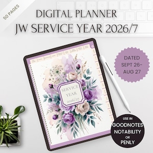 JW Service Year 2026/27 Digital Planner, Lilac Floral Edition (PDF) with Stickers