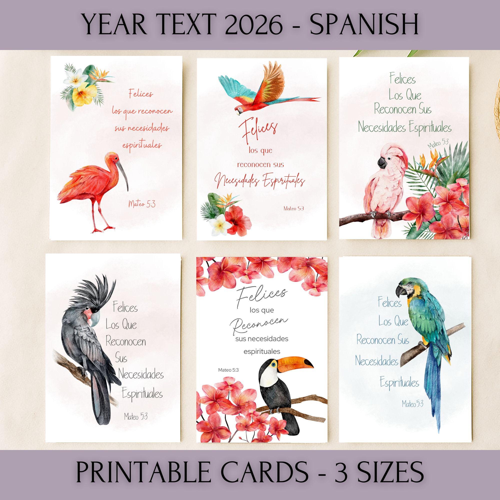 Spanish JW Year Text 2026 Printable Cards – Matthew 5:3, Tropical Bird ...