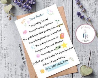 Personalised Teacher Thank You Card, Teacher Appreciation Card, Poem for End of School, Doodle Card A6