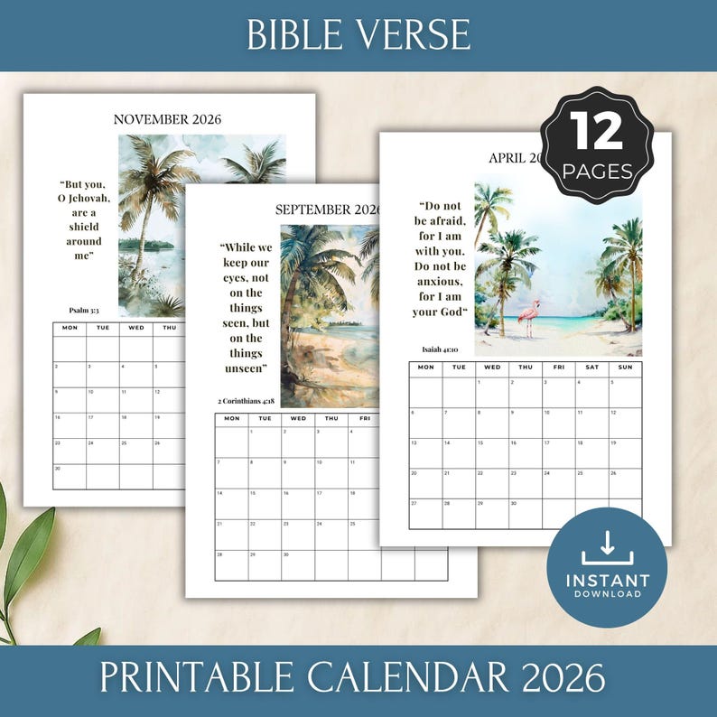 2026 Bible Verse Monthly Calendar Printable, JW Scripture Tropical ...