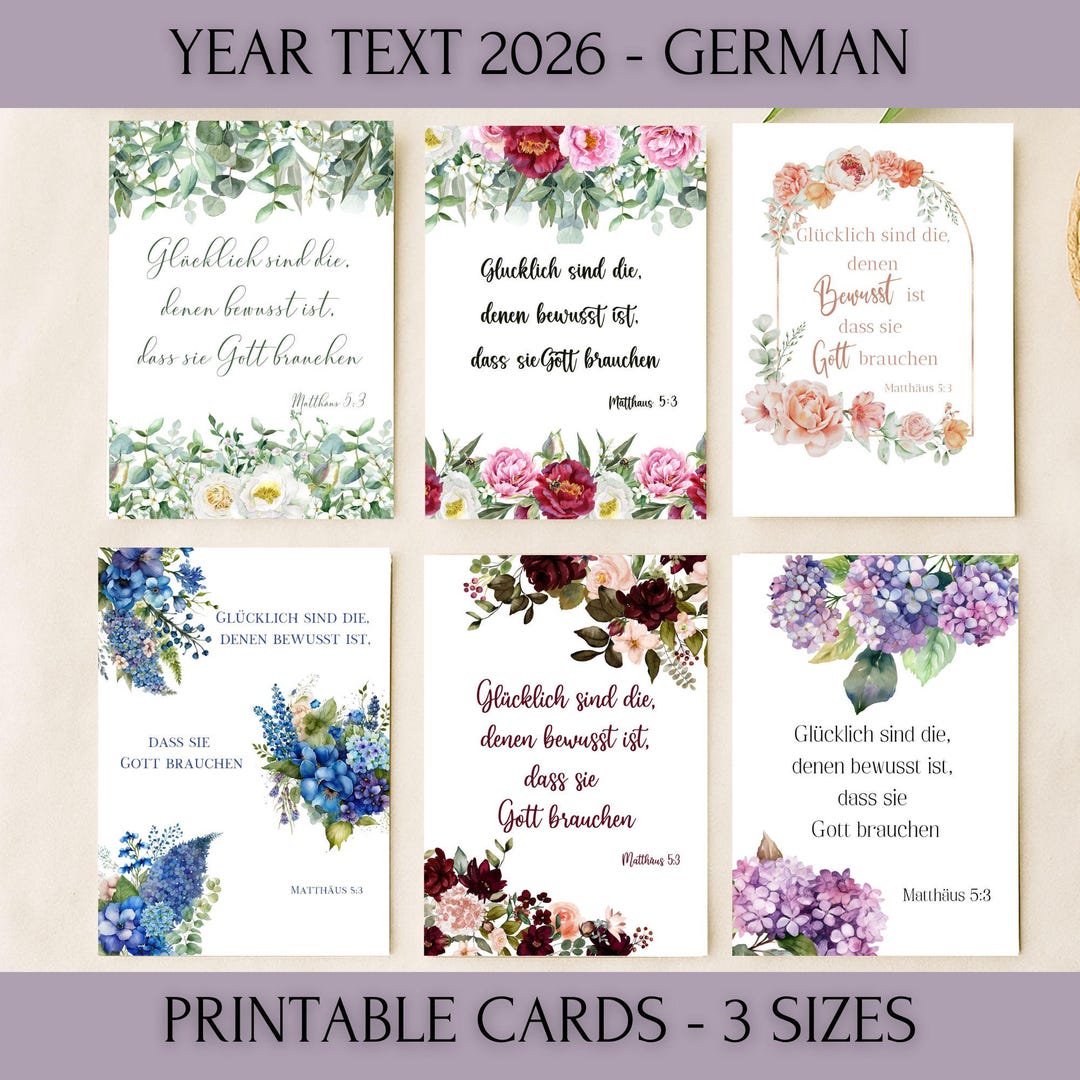 German JW Year Text 2026 Printable Cards – Matthew 5:3, Floral Design ...