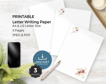 Printable Letter Writing Paper, Digital Download, Floral ruled and plain paper, A4 US Letter Digital Paper, JW printables, Gift for Pioneer