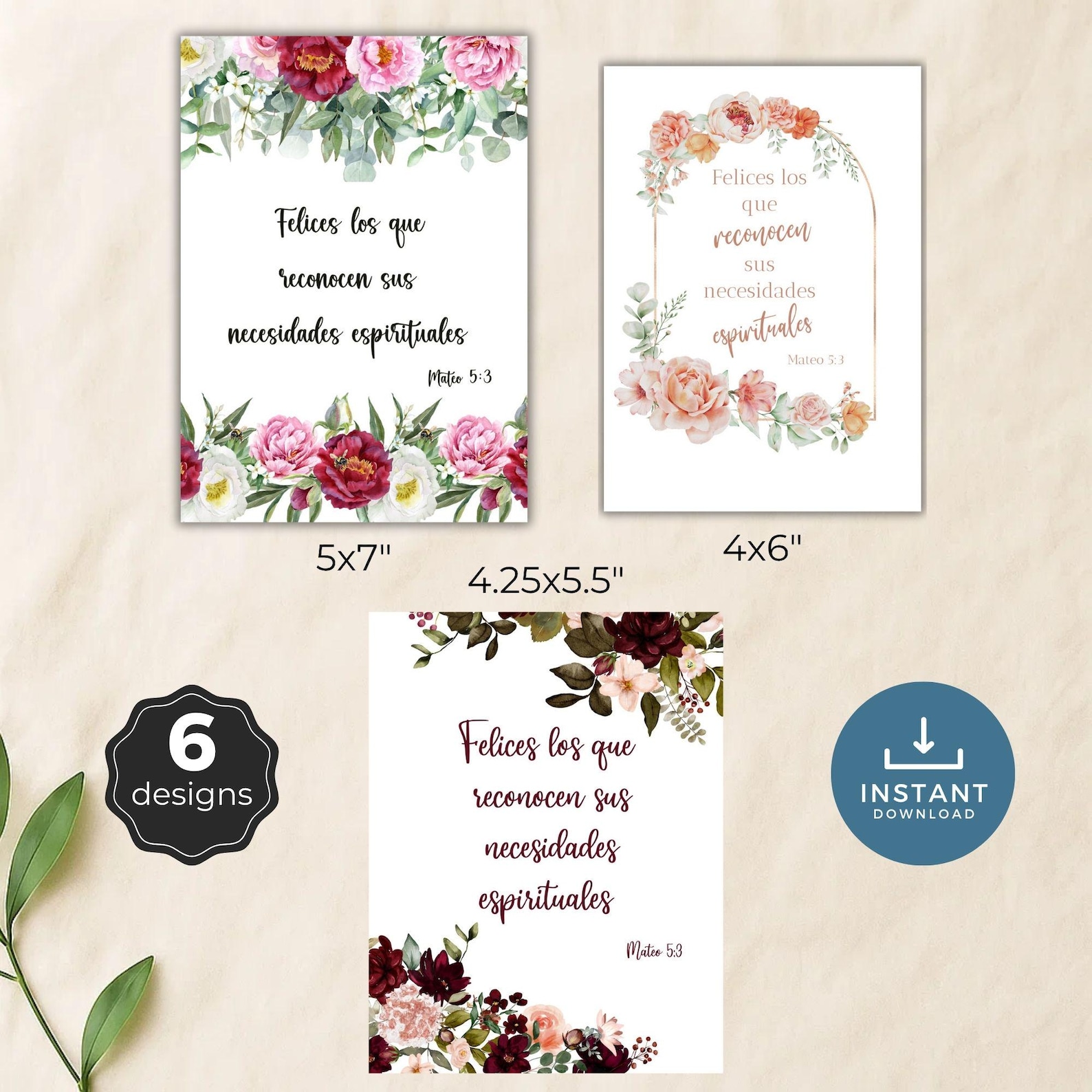 Spanish JW Year Text 2026 Printable Cards – Matthew 5:3, Floral Design ...
