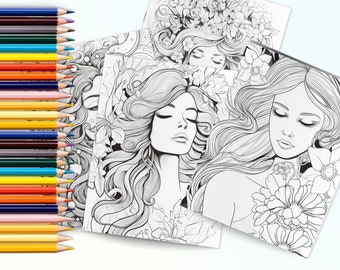 Belles femmes pages à colorier pour adultes, livre de coloriage fantastique, feuilles de coloriage imprimables, coloriage anti-stress, téléchargement immédiat