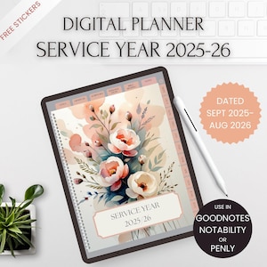 JW-gelinkte dienstjaarplanner gedateerd 2025-2026, persoonlijke studienotities, theocratische kalender, digitale planner en notitieboekje voor goodnotes
