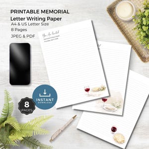 May include: Printable memorial letter writing paper with lined pages. The design includes a watercolor illustration of a wine glass and bread. The paper is A4 and US letter size, with 8 pages available in JPEG and PDF formats.