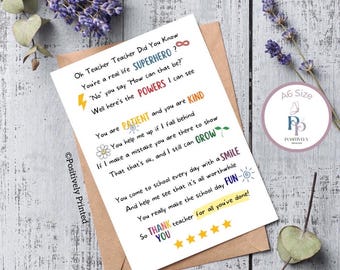 Teacher Thank You Card, End of School Year, You are a Superhero A6 card, Doodle Style