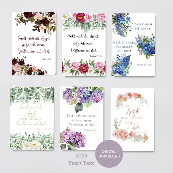 German JW Year Text 2024 Floral Design, JW Digital Greetings Card, Card for Pioneer, Encouragement Card for JW, Digital Postcard Psalm 56:3